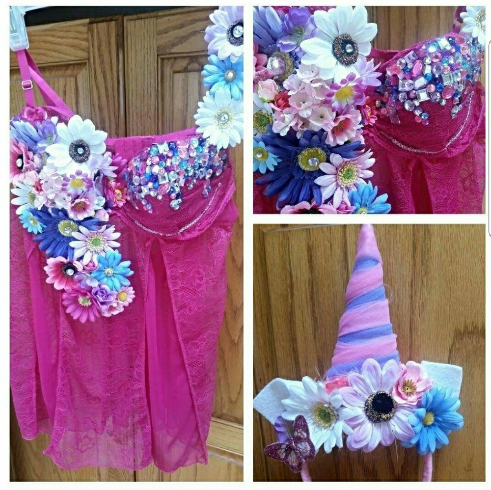 Unicorn Flower Rhinestone Rave Bra